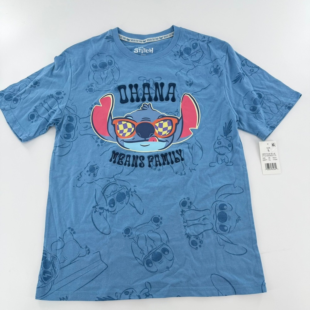 Disney Stitch T Shirt‎ Ohana Means Family Graphic Size Large Heritage Blue